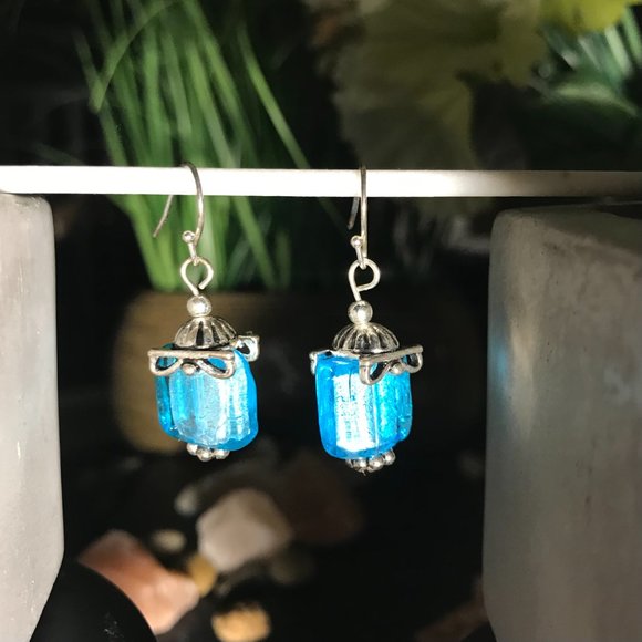 -Aqua Blue and Silver Reflective Dangling Earrings - Picture 2 of 6